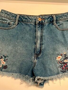 Forever 21 Blue Denim Shorts with Floral Embroidery